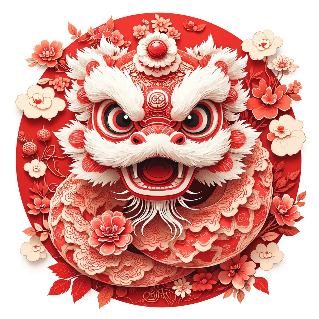 紅色剪紙，帶著醒獅帽子的可愛小蛇，傳統(tǒng)紋樣，新年主題，矢量風(fēng)，白色背景