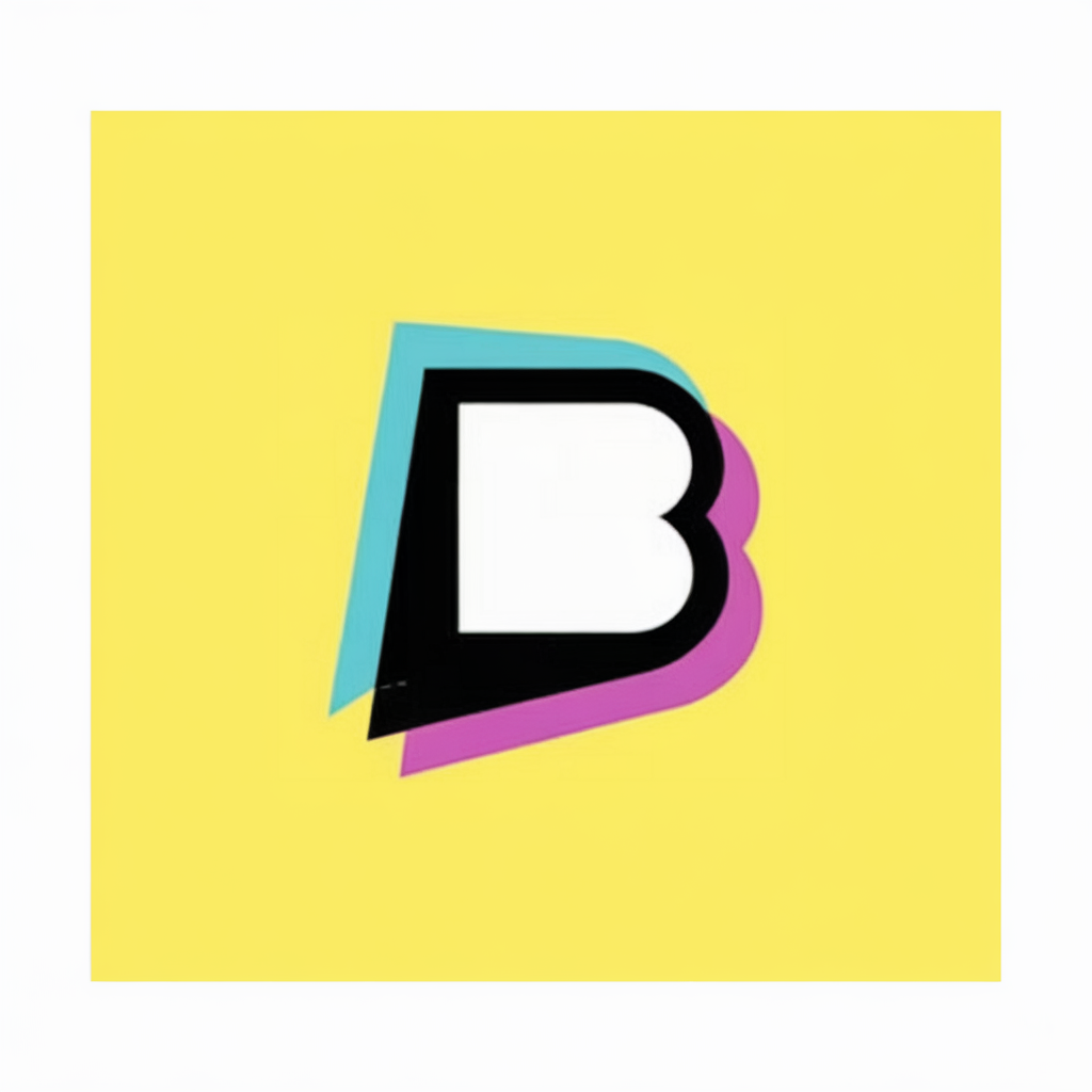 字母 'B' 以鮮艷的黃色背景為襯托。這個字母 'B' 由三個不同的層次組成：一個白色的大寫 'B'、一個黑色的小寫 'b'，以及它們之間的粉紫色層。這個設計給字母帶來立體的外觀，粉紫色的層看起來稍微重疊在黑色層上。,logo icon
